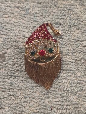 Vintage Mid Century Rhinestone Santa Claus Brooch Fringe Tassel Beard Christmas